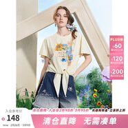 兩三事梵高文藝 靈感詩(shī)箋 2025夏季新款印花刺繡綁帶短袖t恤女寬松 淺米色 S