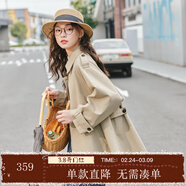 紫涵（ZIHAN）紫涵拉鏈式中長(cháng)款風(fēng)衣女春季斗篷狀休閑小個(gè)子翻領(lǐng)大衣 卡其-2 XS