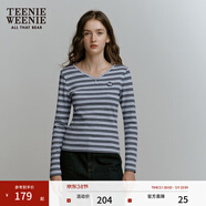 Teenie Weenie小熊秋季法式淑女打底衫V領(lǐng)條紋長(cháng)袖T恤復古時(shí)髦女 淺藍色 XS (155)