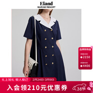 ELAND衣戀連衣裙V領(lǐng)海軍領(lǐng)A字裙收腰雙排扣學(xué)院風(fēng)夏季 藏青色(59)Navy L 170