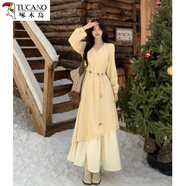 啄木鳥(niǎo)法式巨好看假兩件連衣裙2026新款冬季收腰感打底長(cháng)裙 M(80-斤)【秋季/秋裝/早秋/秋冬/春秋/初秋 均碼 杏色磨毛裙腰帶設計感小眾/冷淡系/高級感/巨顯瘦