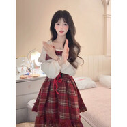 vnxifm日系甜妹溫柔少女風(fēng)紅色蝴蝶結格紋高腰連身裙新年元旦氛圍感長(cháng)裙 紅色格紋洋裝 S 【80斤-100斤】