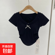 時(shí)尚氣質(zhì)純欲風(fēng)露背設計感上衣夏季辣妹顯瘦百搭v領(lǐng)短袖T恤女ins 黑色 XL