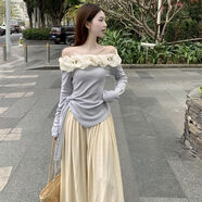 卡汐沐純欲風(fēng)花朵一字領(lǐng)不規則T恤上衣闊腿休閑褲女2026早春新款兩件套 上衣+褲子套裝 L 106-115斤