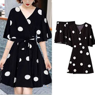 單件/套裝韓版夏季兩件套印花雪紡裙子女裝顯瘦網(wǎng)紅短褲套裝女潮 裙子+短褲 圓點(diǎn)黑 M (80-90斤)