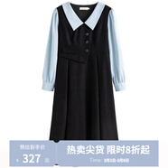 獨束大碼女裝假兩件撞色襯衫領(lǐng)連衣裙女秋冬微胖mm文藝復古穿搭裙子 墨染黑【適合160左右】 M