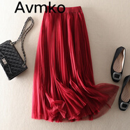 潮牌Avmko半身裙新款女韓版氣質(zhì)多層網(wǎng)紗半身裙顯瘦高腰長(cháng)裙中長(cháng)款百褶裙a字紗裙仙女裙 酒紅色 S