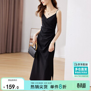尚都比拉設計感抽褶收腰顯瘦中長(cháng)款V領(lǐng)吊帶連衣裙夏季修身小黑裙 黑色 S 