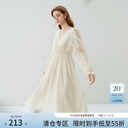 范思藍恩23FS13207法式復古燈籠袖綁帶收腰連衣裙春秋新款氣質(zhì)女裙 杏色 XS