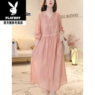 花花公子（PLAYBOY）高端刺繡天絲苧麻連衣裙女法式燈籠袖收腰大擺棉麻長(cháng)裙 2024粉色2025 M 【建議115斤以下】