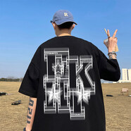 丘澤 CHIUTSE純棉短袖t恤男夏季新款酒紅色覆古半袖上衣oversize大碼五分體恤 DX 重影K星黑色 S 75-80斤