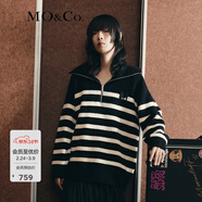 MO&Co.【美麗諾羊毛】 原創(chuàng  )LOGO條紋毛衣翻領(lǐng)上衣女拉鏈毛衣針織衫 黑白條色-第2批 M 165