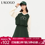 LAGOGO美式學(xué)院風(fēng)V領(lǐng)連衣裙女拉谷谷春季新款休閑撞色插肩袖裙子 綠米(LT) S 155/36