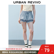 UR2025夏季新款女裝撞色格紋拼接蕾絲抽繩短褲UYL650024 天藍格子 (偏寬松) M (M-L)