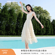 香影無(wú)袖背心連衣裙女2025夏季新款高腰超仙拼接網(wǎng)紗層層蛋糕裙子 米色 M