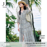 玖姿·安娜蔻優(yōu)雅民族風(fēng)多層雪紡蛋糕裙收腰連衣裙女2025夏季款 花紋藍色 XL