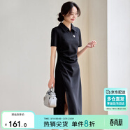 尚都比拉夏季通勤Polo裙短袖針織連衣裙女開(kāi)叉A字裙 黑色142L54627  XL