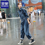 羅蒙（ROMON）港風(fēng)牛仔連體褲女長(cháng)袖春秋新款高級時(shí)尚潮流連身褲寬松工裝連衣褲 牛仔藍 M(建議90-105斤)