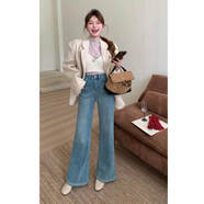 定原妙臻 揚冪同款2026春季新款彈力牛仔喇叭褲子女闊腿褲880 淺藍單褲長(cháng)褲(建議160以上穿) S (建議96-105斤)