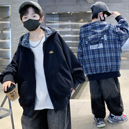 開(kāi)米熊兒童春裝連帽外套2026新款韓版潮童裝男孩中大童春秋裝兩面穿衣服 藏青色 120 碼建議身高110cm左右