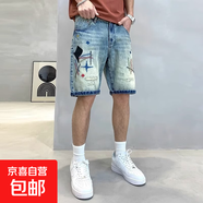 歐洲站高端潮牌補丁破洞刺繡牛仔短褲男夏季新款寬松直筒五分中褲 藍色 34 【腰圍2尺7】