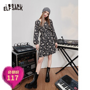 妖精的口袋【新款】滿(mǎn)印法式碎花連衣裙女秋季小眾氣質(zhì)裙子 黑底字母色 L