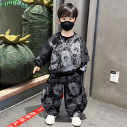漫畫(huà)小馬（Manhua Xiaoma）童裝兒童套裝男童春秋款休閑衛衣兩件套寶寶男孩秋裝帥氣時(shí)髦衣服 黑色 100 cm建議身高95左c