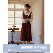 獨束大碼女裝假兩件撞色襯衫領(lǐng)連衣裙女秋冬微胖mm文藝復古穿搭裙子 勃艮第紅【適合165左右】 XL