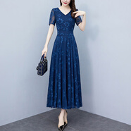 芃婷2026夏季新款黑色雪紡提花連衣裙大碼胖mm收腰顯瘦遮肚長(cháng)裙 寶藍色 3XL 建議135-145斤