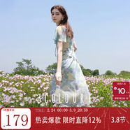 三彩獨醒2025夏季新款荷葉邊印花雪紡裙連衣裙度假風(fēng)長(cháng)裙F 冰川藍花卉 S 155/80A