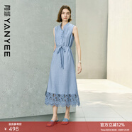 顏域新中式立領(lǐng)天絲連衣裙女2025夏季新款收腰蕾絲拼接背心長(cháng)裙子 藍色 L