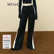 MO&Co.休閑褲春抽繩松緊高腰撞色輯邊開(kāi)叉及地直筒運動(dòng)褲摩安珂 黑色 XS