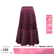 兩三事絲絨半身裙春季女黑色百褶裙裙子復古半裙長(cháng)裙 開(kāi)心自轉體 酒紅色 厚款 S