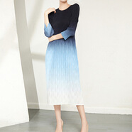 設計師款三宅連衣裙歐貨大碼打底裙春秋褶皺新款漸變感連衣裙 藍色 均碼