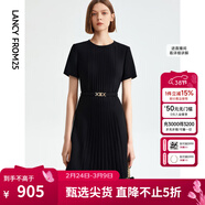 朗姿【三醋酸Basic衣櫥】高級感裙子復古休閑連衣裙夏新款百褶裙 夜幕黑色 M