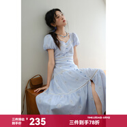 謎秀法式甜美刺繡花朵泡泡袖連衣裙2026夏季新款收腰顯瘦A字大擺裙 藍色條紋 L