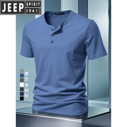 JEEP SPIRIT吉普痞帥男士亨利領(lǐng)短袖T恤男寶藍色健身硬漢圓領(lǐng)復古風(fēng)透氣上衣 牛子蘭 A202 M 130-140斤
