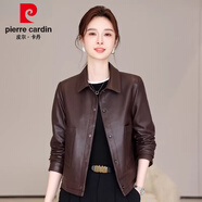 皮爾卡丹2026新款秋季單件黑色皮夾克短夾克女式小件容易搭配的植物鞣制羊 棕色 M 推薦105斤左右