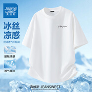 真維斯短袖T恤男夏季中國風冰絲圓領上衣文字復古涼感透氣大碼五分袖潮  白色(秀線字胸標) M (170) (30天質量問題全額退)