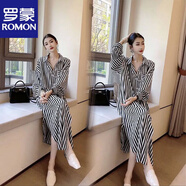 羅蒙（ROMON）2026春夏季女裝條紋polo領(lǐng)寬松顯瘦長(cháng)袖連衣裙女冰絲防曬襯衫裙 條紋連衣裙 2XL 建議125-140斤