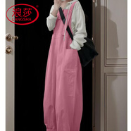 浪莎慵懶風(fēng)休閑時(shí)尚套裝女條紋連帽上衣背帶褲兩件套2026春季新款女裝 玫紅色背帶褲 M 【建議95-105斤】