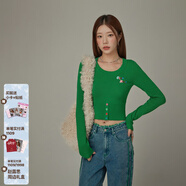 CHUU字母刺繡針織衫女2025秋季新品撞色套頭打底彩虹扣長(cháng)袖毛衣 森綠 均碼