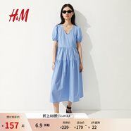 H&M女裝連衣裙春季泡泡袖度假風(fēng)V領(lǐng)植物印花長(cháng)裙1287800 淺藍色 S 160/88