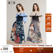 兩三事暮色詩(shī)行 2025夏季新款復古一字肩露肩條紋印花泡泡袖連衣裙 藍色 M