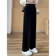 莫央雪尼爾闊腿褲女2026春秋垂感女士長(cháng)褲窄版直筒高腰百搭休閑褲女 黑色九分褲 M (建議95-108斤）