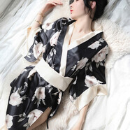 性感睡衣女夏季和服睡袍薄款透明雪紡印花睡裙女內(nèi)衣套裝誘惑 和服款：黑白 均碼(80-130斤)