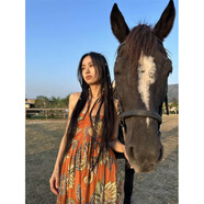 以歐（YIOU）鏤空褶皺抹胸掛脖裙泰國波西米亞風(fēng)度假風(fēng)拍照沙灘裙5395 花色 S