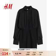 H&M女裝連衣裙春季修身舒適立領(lǐng)燈籠袖連衣短裙1205567 黑色 M 165/96