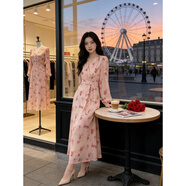鹿王戀雪碎花雪紡連衣裙女春秋季2026年新款小個(gè)子收腰顯瘦氣質(zhì)百搭長(cháng)裙子 藕粉色 XL