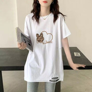 波士頓 BOSHDV2026年春季新款韓式中長(cháng)款全棉短袖女式t恤寬松大碼灰色百搭減齡 白色AD0213 S 80斤-110斤